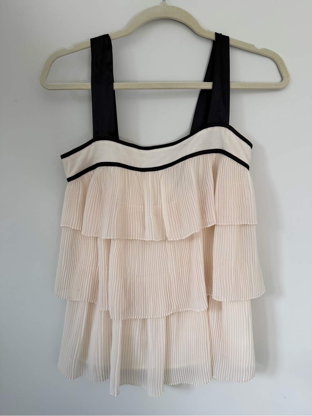 French Connection Pleated Tiered Sleeveless Top in Cream with Black Trim
